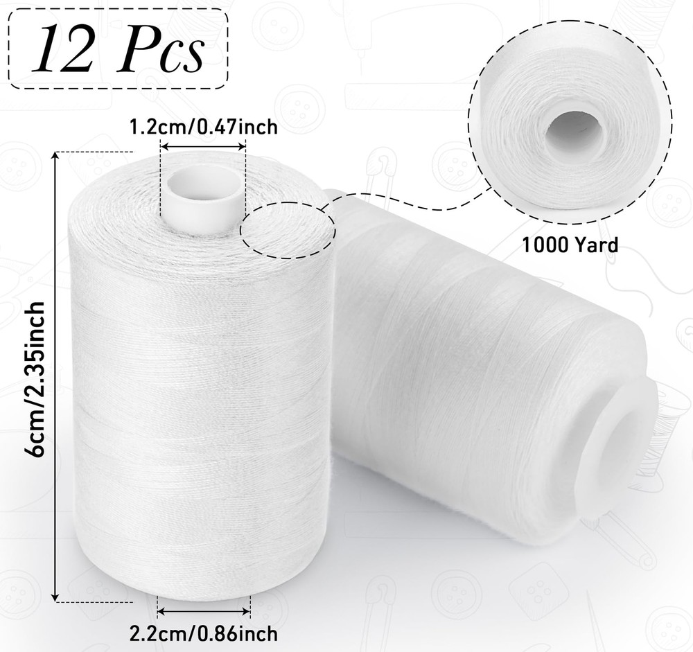 Sewing Thread 12 Spools White Sewing Thread 1000 Yards per Polyester Thread S...