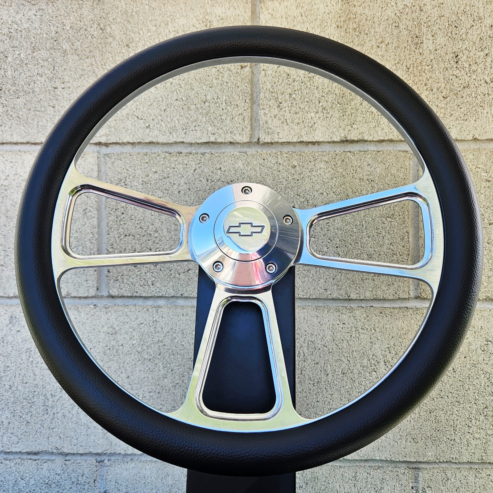 14" Billet Steering Wheel Muscle Black Half Wrap + Chevy Horn Button Licensed
