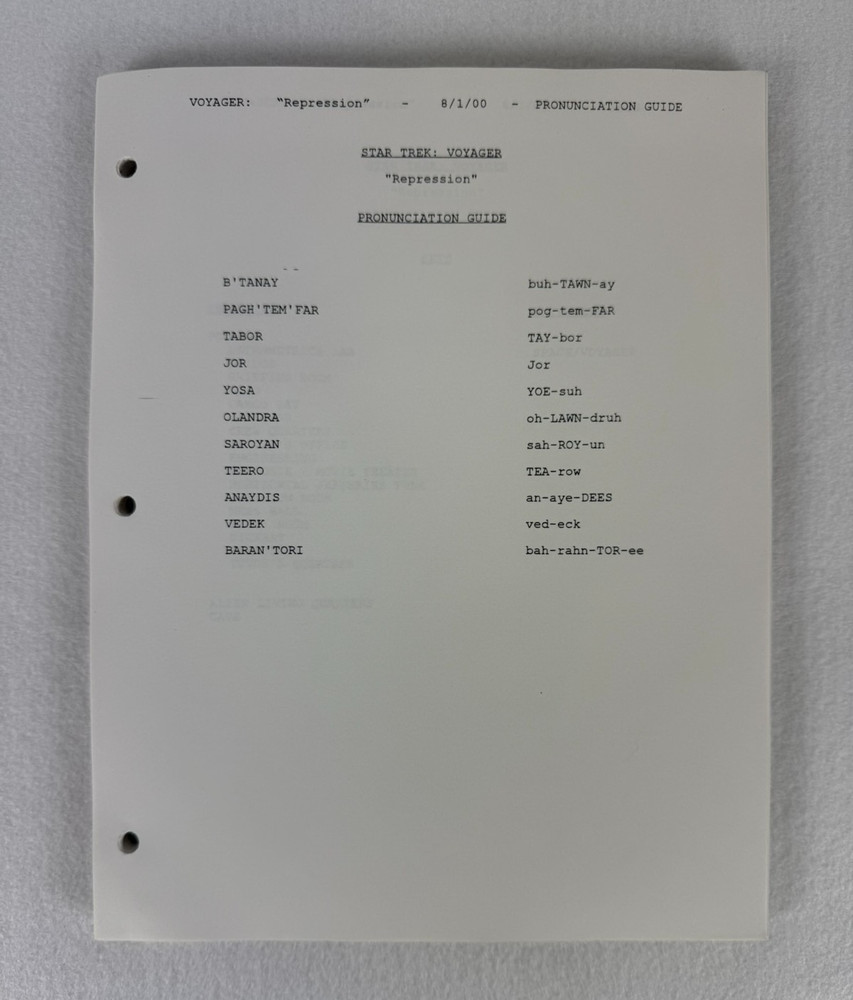 Star Trek Voyager “Repression” Final Draft Studio Script 08/01/2000