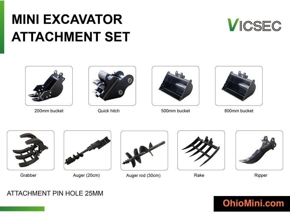 VICSEC Mini Excavator Attachment Set- 1-2 tons. Brand New! 10 Piece!