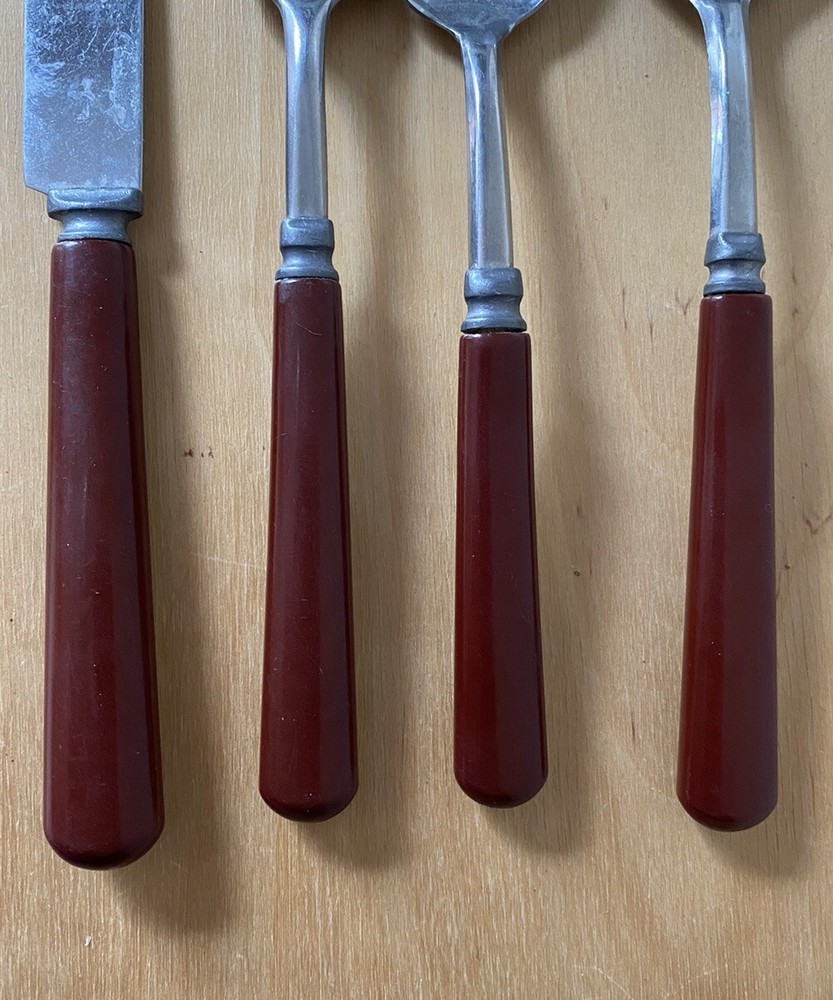 Brown Bakelite Flatware 2 Spoons, Fork, Knife Vintage