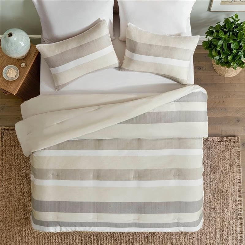 Comforter Set, 3 Pieces Striped Bed Set, Soft Brushed Microfiber Queen Neutral