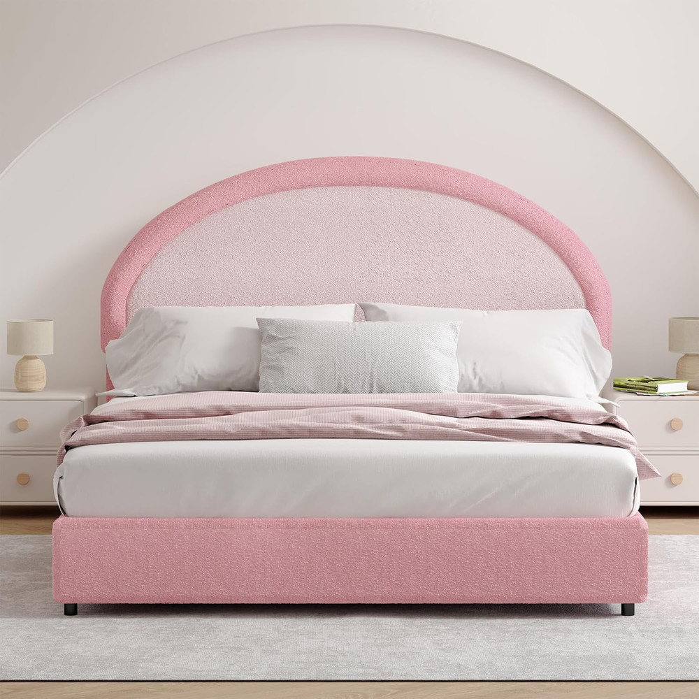 Full Size Bed Frame, Boucle Upholstered Platform Bed Frame with Headboard, Pink