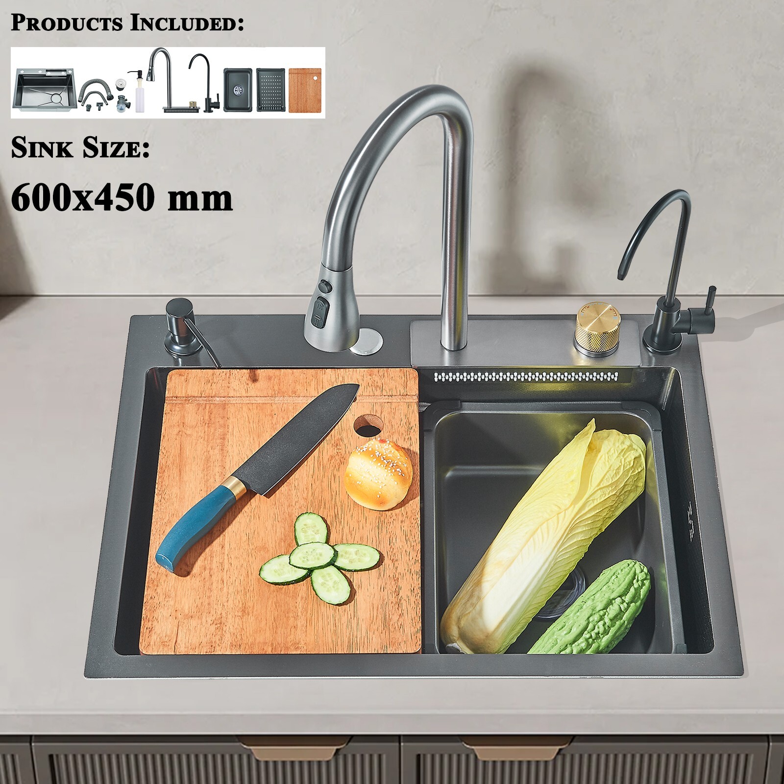 Stainless steel Kitchen Sink with Faucet 23.6 inch Large Single Bowl Top mounted