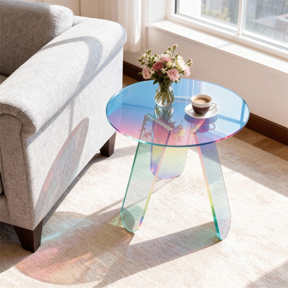 Round Iridescent Rainbow Coffee Table Acrylic Sofa Side End Table Triangle Legs