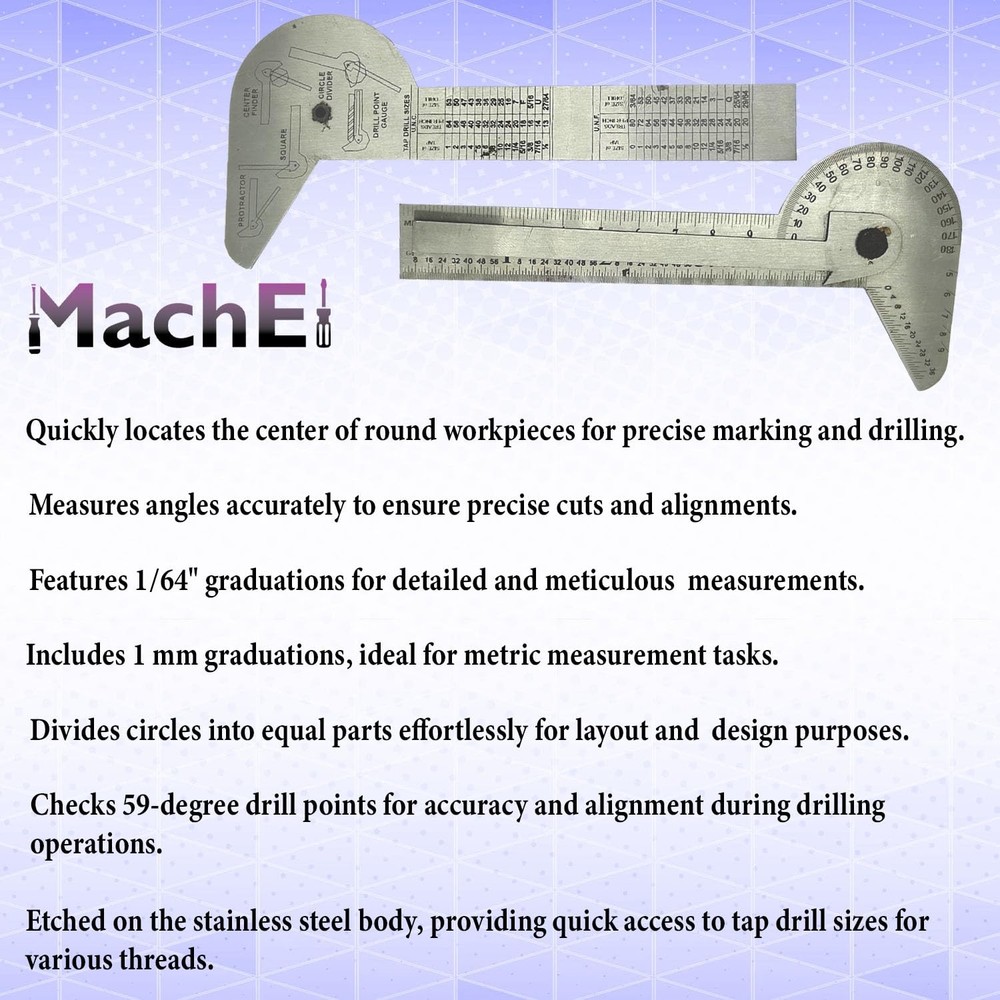 Multi-Purpose Protractor Square Rule Centre Finder Divider Drill Point Gauge ...