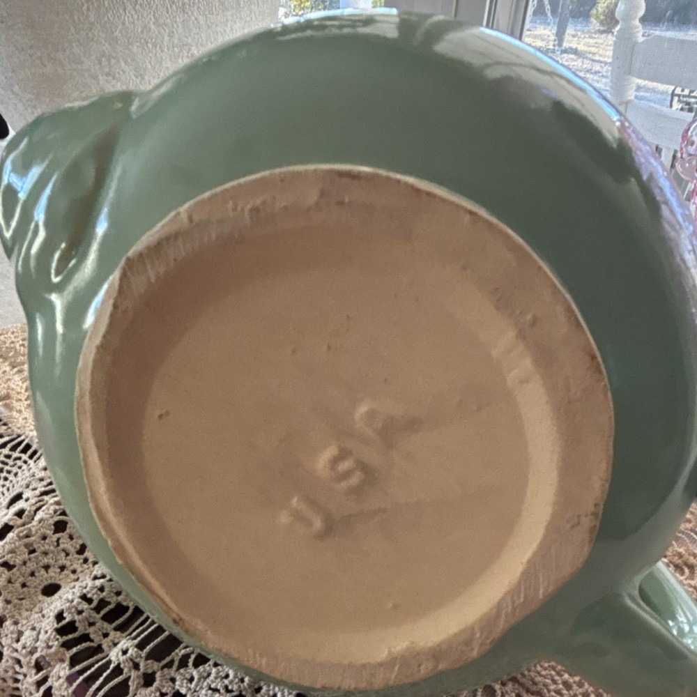 Green Ceramic Round Teapot Glossy Solid Pottery with Lid USA Impressed Mark