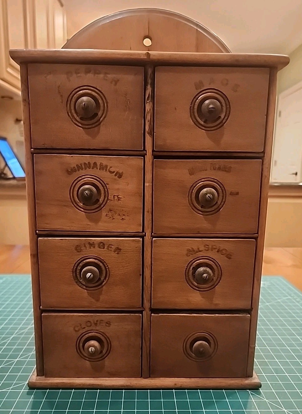 ANTIQUE PRIMITIVE HANGING SPICE CABINET w/ 8 STENCILED DRAWERS - gw!