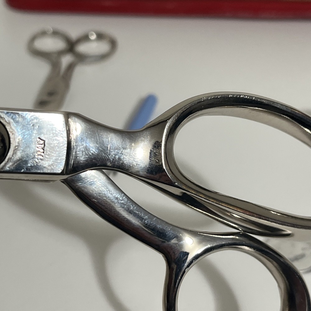 Vintage Pinking Shears, Griffon Scissors, Thimble & Red Leather Sewing Case Set