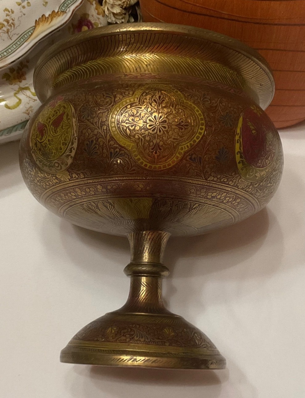 Etched Brass Pedestal Bowl Urn Peacock Floral Motif 7.3lb Ornate Centerpiece