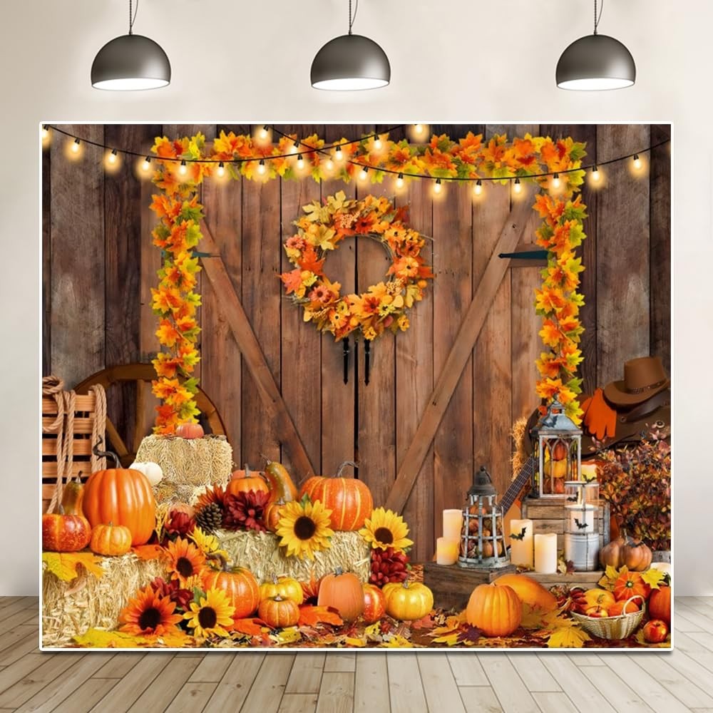Fall Thanksgiving Backdrop 10x8ft Rustic Barn Autumn Pumpkin Haystack Friends...