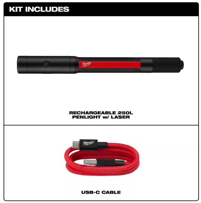 Milwaukee 2010R w/ Built-In Rechargeable Battery 250L Pen Light w/ Laser USB-C