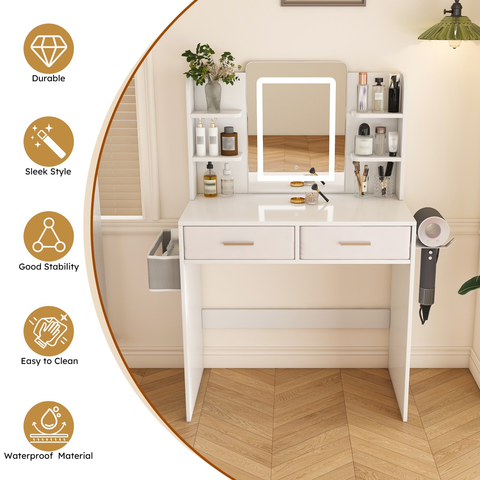 LED Mirror Vanity Dressing Table w/ Lights, 2 Large Drawers & Hair Dryer Stand