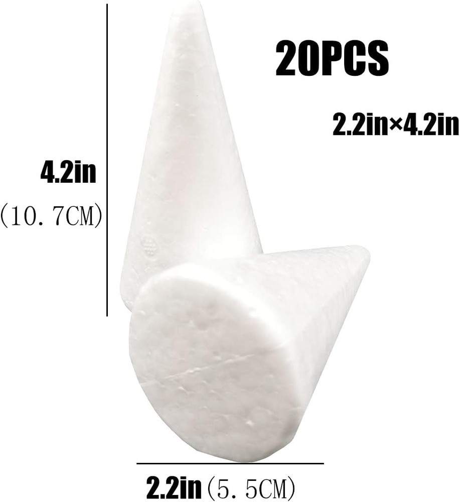 20Pack Craft Foam Cones, Foam Tree Cones, Assorted Sizes White Polystyrene Cone.