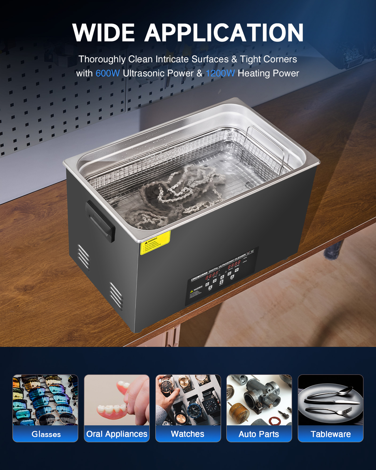 CREWORKS 30L Ultrasonic Cleaner Titanium Steel 1200W Heater w/ Degas & 2 Modes