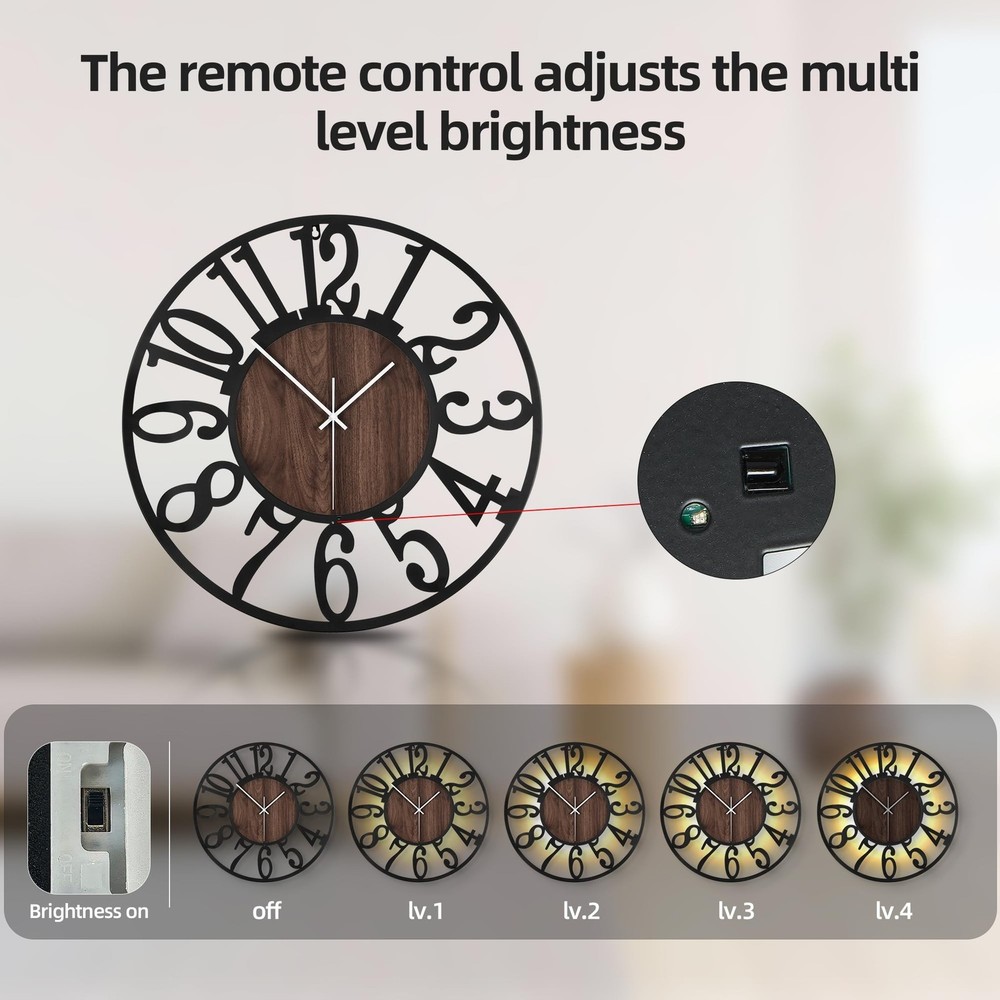 LEIKE Large Wall Clock 20'' Lighted Rustic Wood Clock with Remote Timer, Sile...