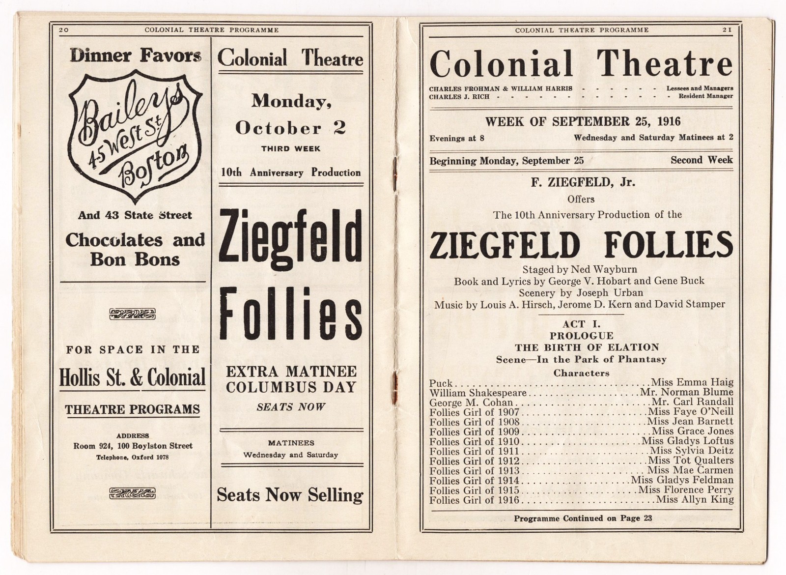 W. C. Fields "ZIEGFELD FOLLIES of 1916" Fannie Brice / Will Rogers 1916 Program