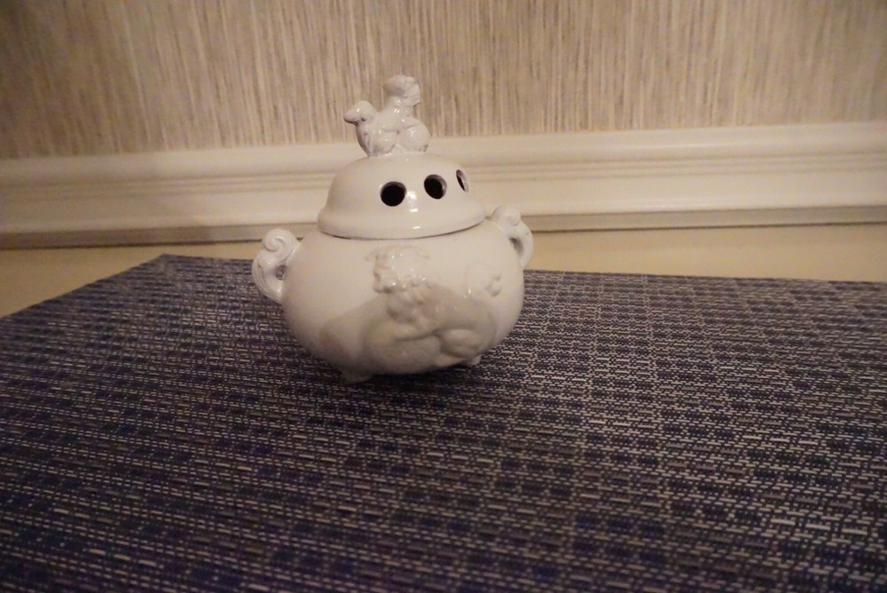 Small White Painted Incense Burner with Foo Dog