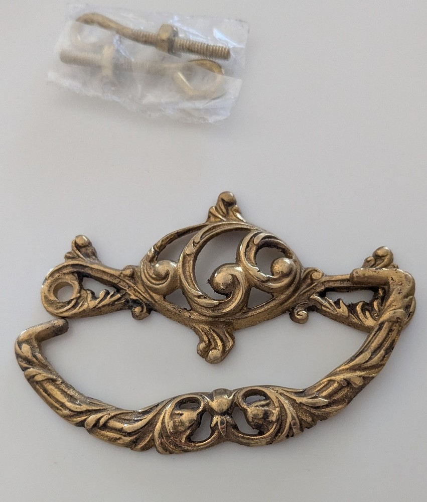 Drop Bail Drawer Pull Solid Brass w/hardware Ornate NOS 3" center 3.5"wide 1.75T