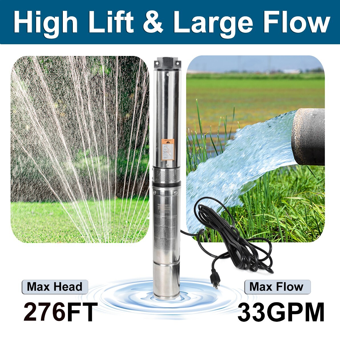 1 HP Deep Well Submersible Pump, 4" , 115V, 33 GPM, 276 ft ,Stainless Steel US