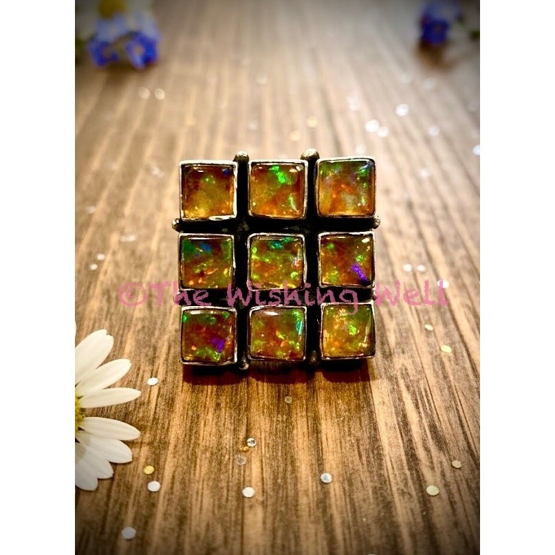 Square Cluster Aurora Opal Statement Ring 925 Silver Adjustable Size 5-10