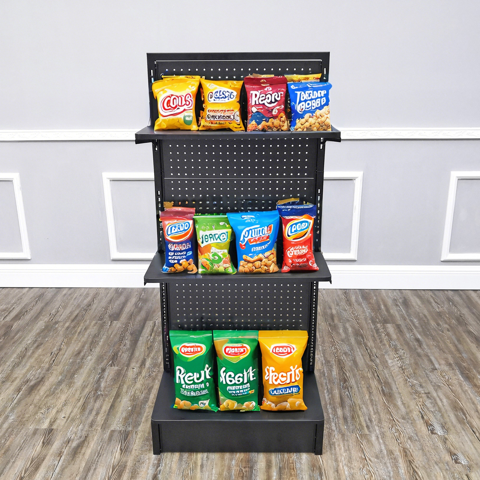 24.0" Wide Gondola Rack Stand with Two Shelves Black Pegboard Display