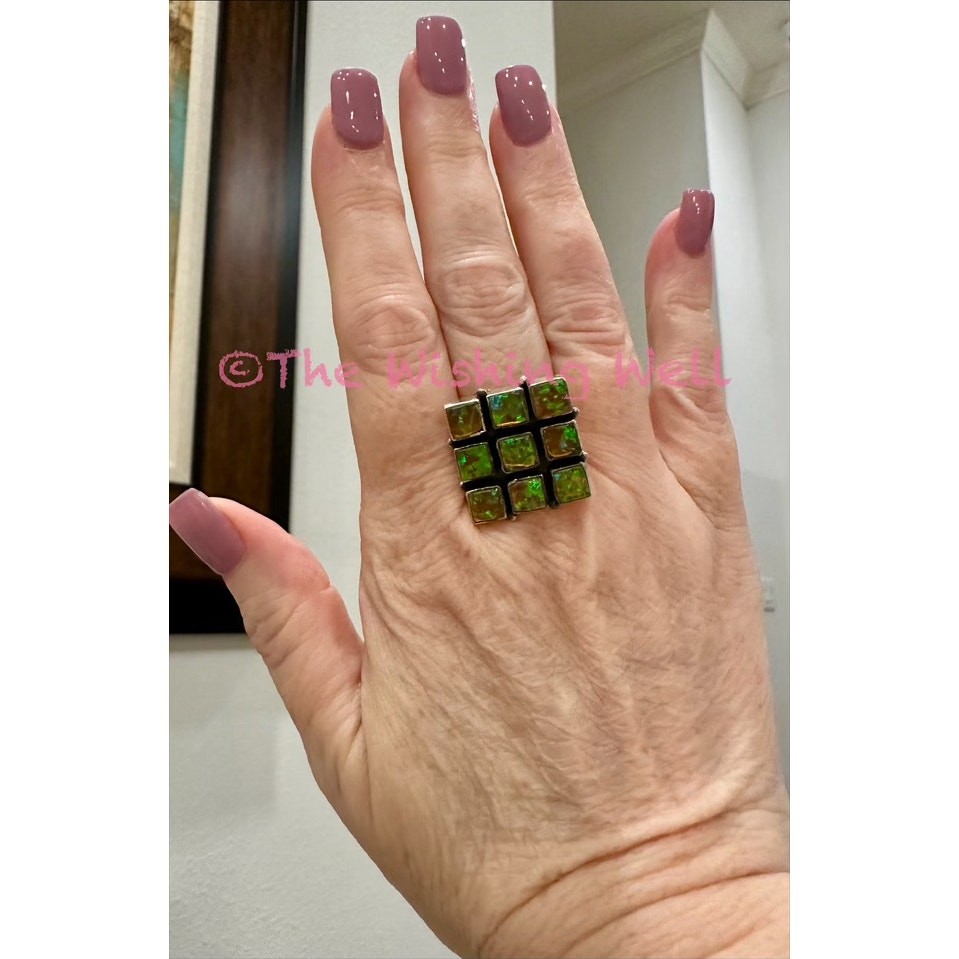 Square Cluster Aurora Opal Statement Ring 925 Silver Adjustable Size 5-10