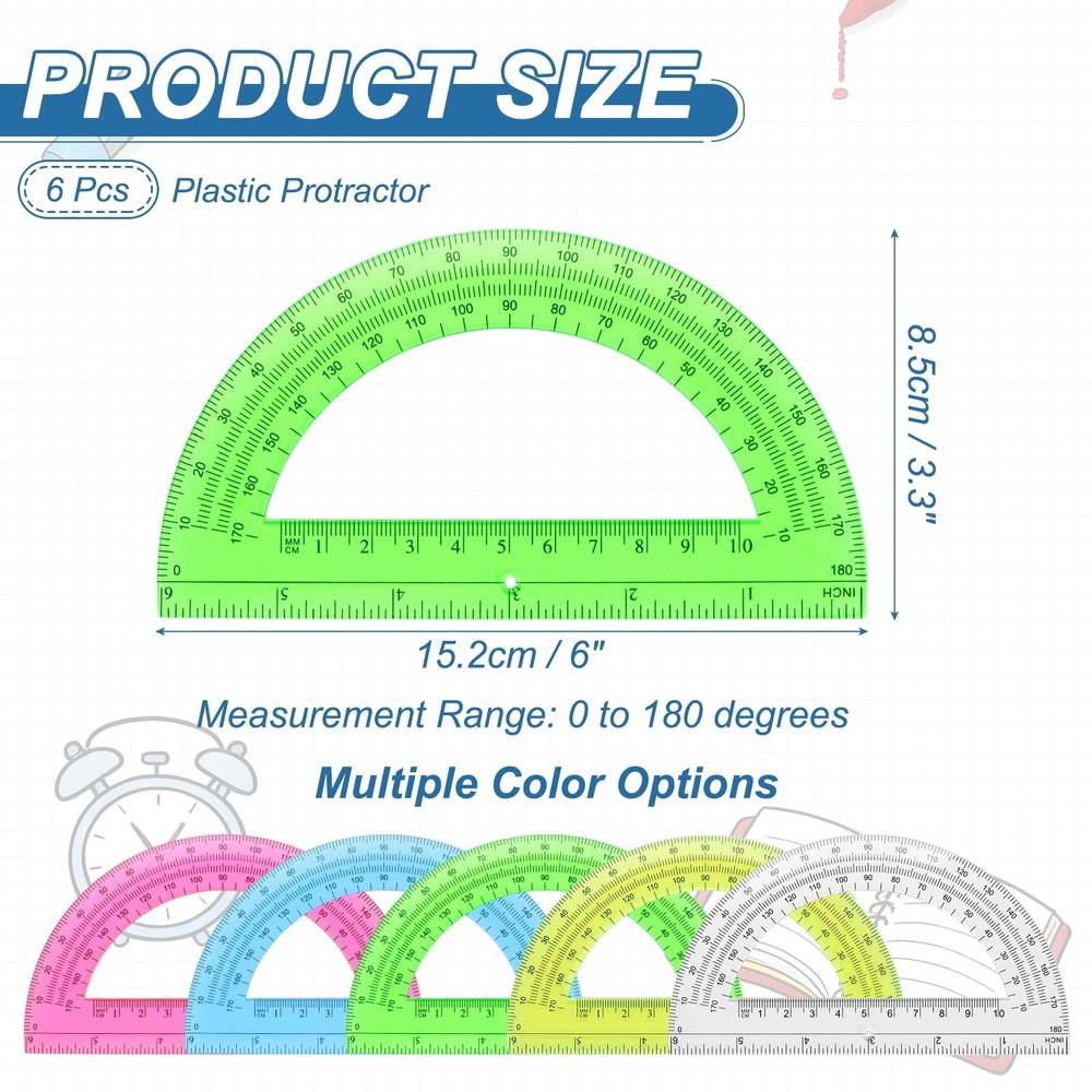 Plastic Protractor, 6 Pack Protractors 6 Inch 180 Degrees Geometry Tool, Green
