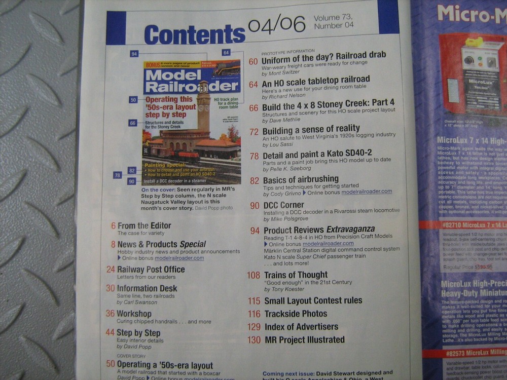 Model Railroader April 2006--'50's-era layout operation, table-top HO plans, +++