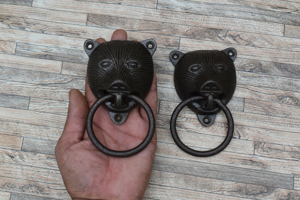 2p Vtg Cast Iron Panda Bear Door Gate Cabinet Cupboard Pull Drop Handle Knocker