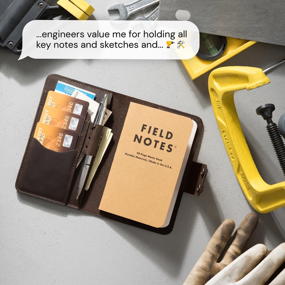 Leather Notebook Cover for Field Notes, Handmade Refillable Journal Cover wit...