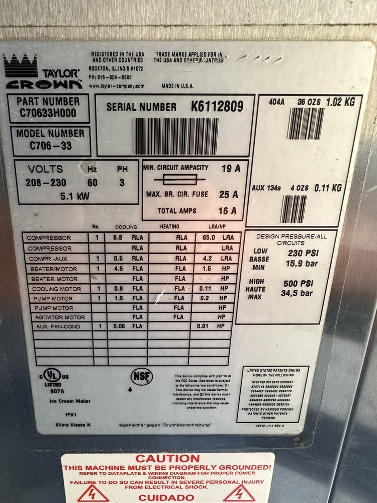 Taylor Crown Ice Cream Machine C707 3ph Water Cooled