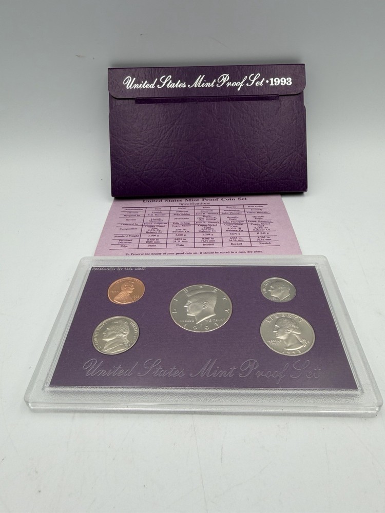 1993 S Proof Set Original Box & COA 5 Coins CN-Clad