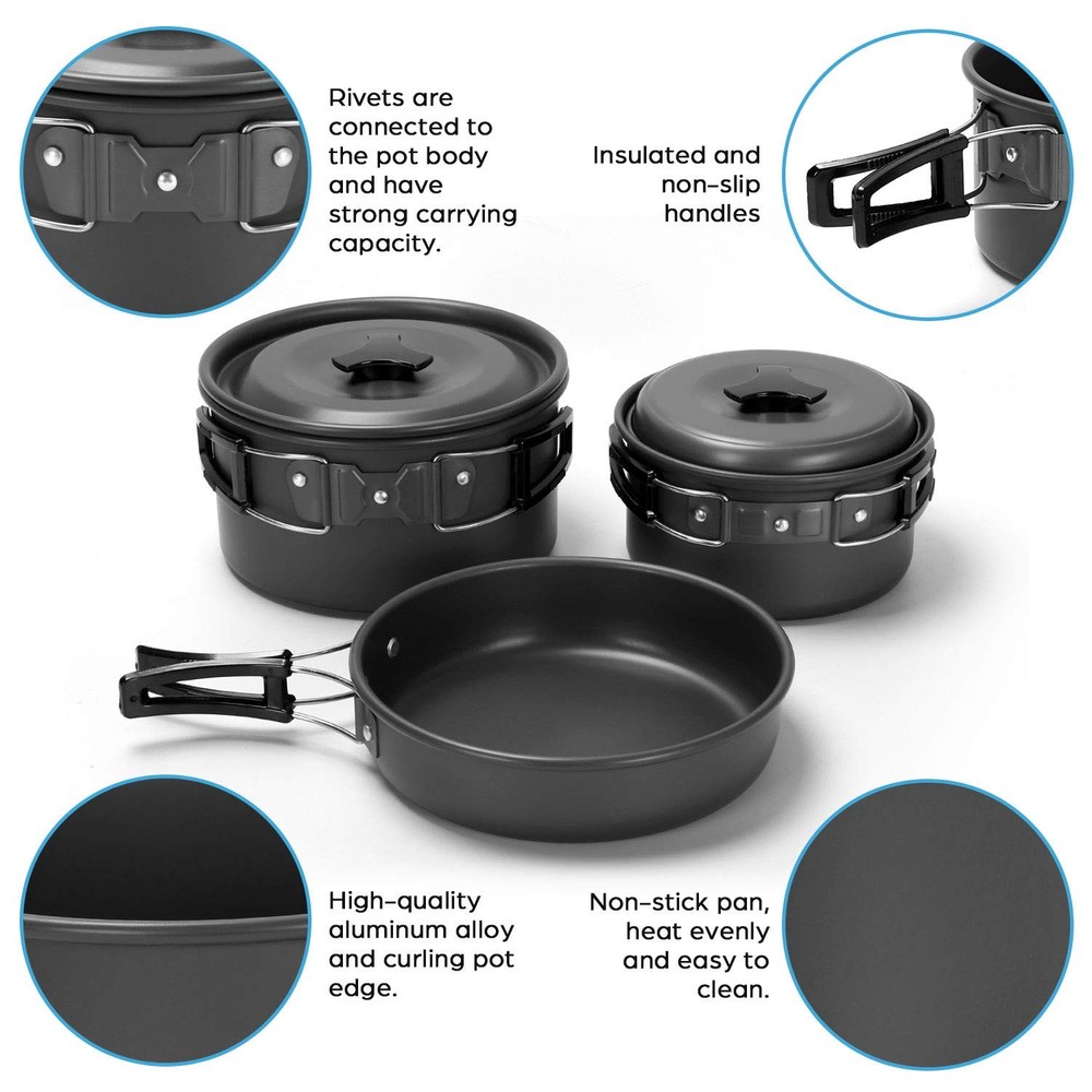 Odoland 16pcs Camping Cookware Mess Kit with Folding Silver, Black