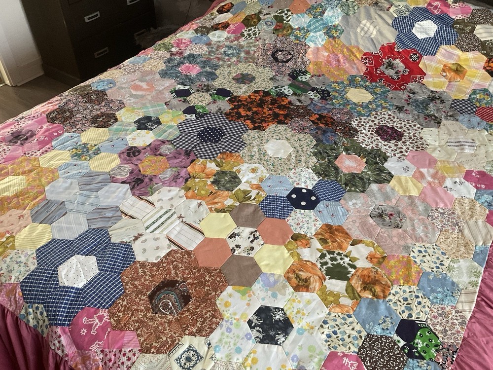 Vintage Handmade Patchwork Quilt Fitted Valance Large Double King Size VGC