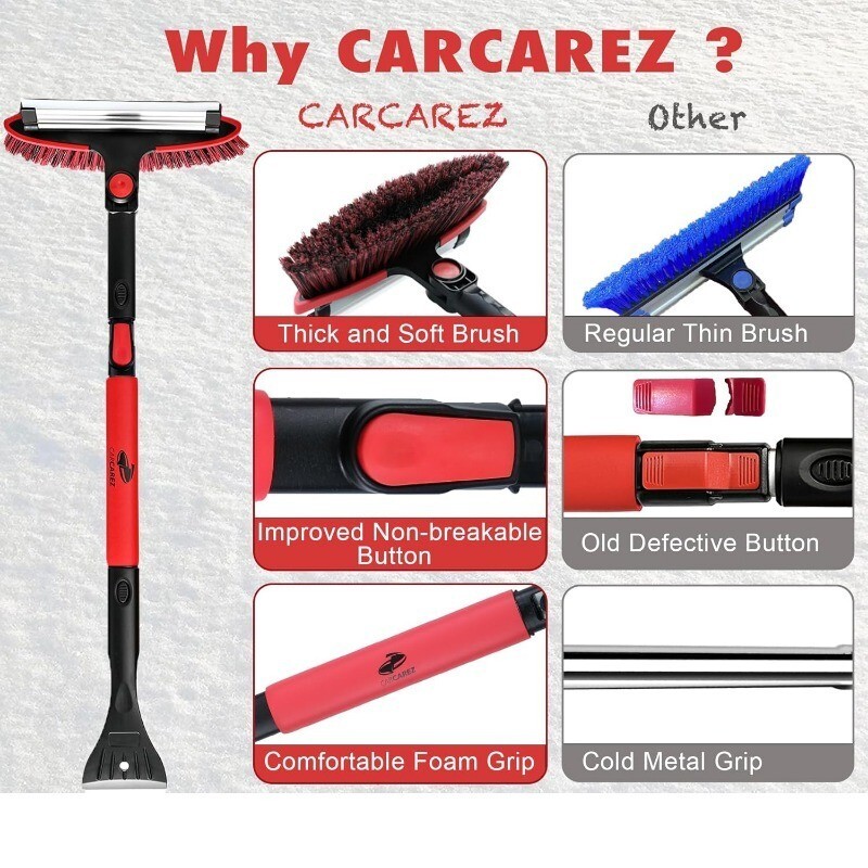 CarCarez Windshield Ice Scraper, Car Window Snow Removal Broom for Winter, Red