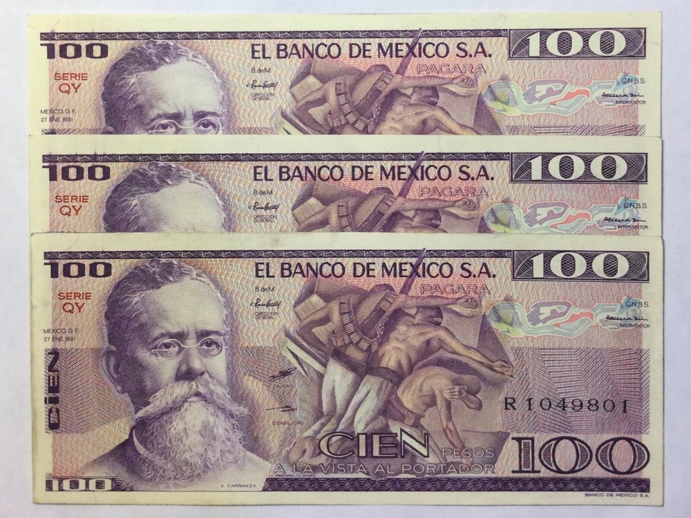 1981 $100 PESOS 3 NOTES UNCIRCULATED SERIAL NUMBERS IN SEQUENCE
