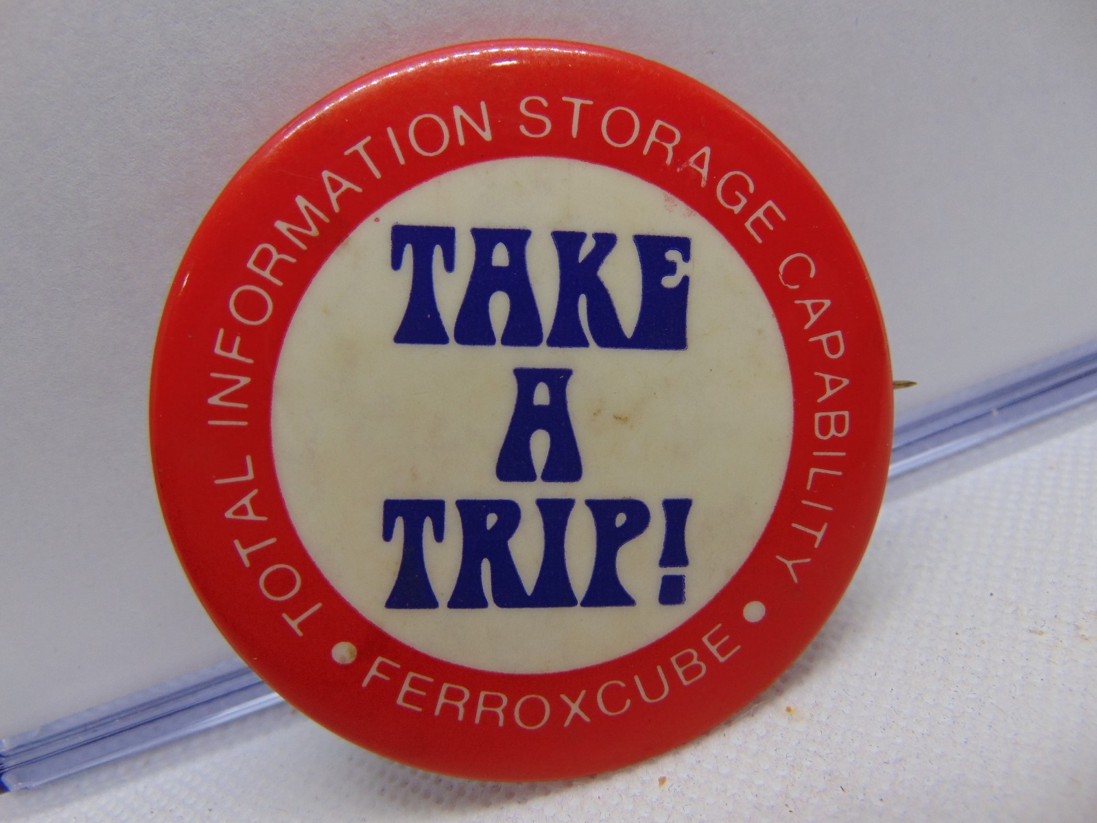 Vintage Computer 2 1/8" Pinback Button Advertising Ferroxcube Take A Trip