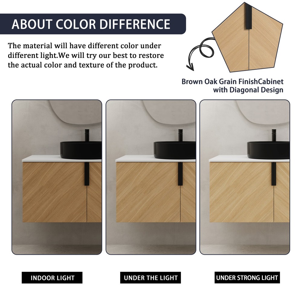 36" Wood Wall-Mounted Bathroom Vanity +Black Ceramic Sink Artificial Stone Slab