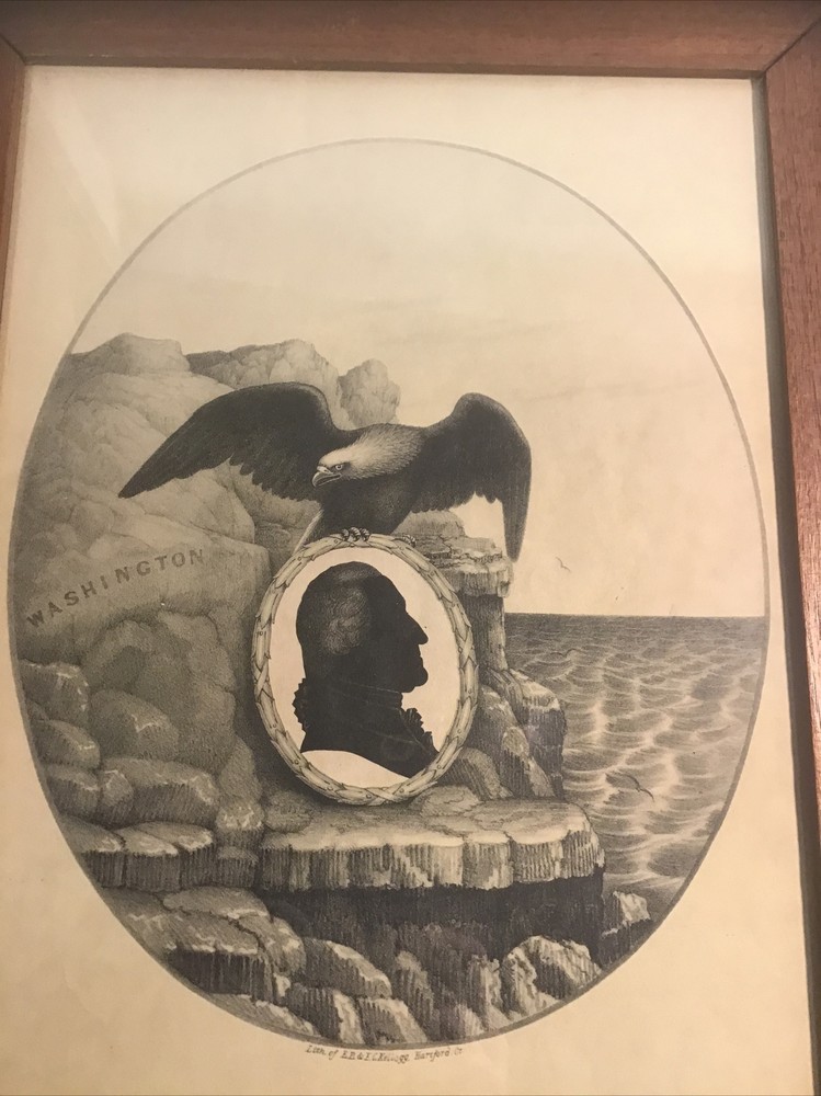 E.B & E.C. Kellogg 1844 Lithograph George Washington Cameo&Eagle Perched Framed