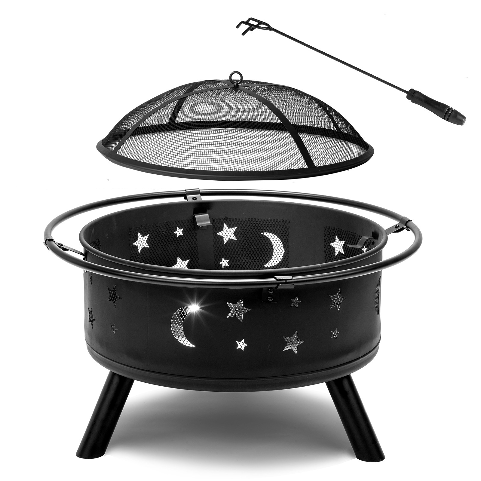 30 inch Outdoor Wood Burning Metal Fire Pit with Spark Screen, Fire Poker, Black