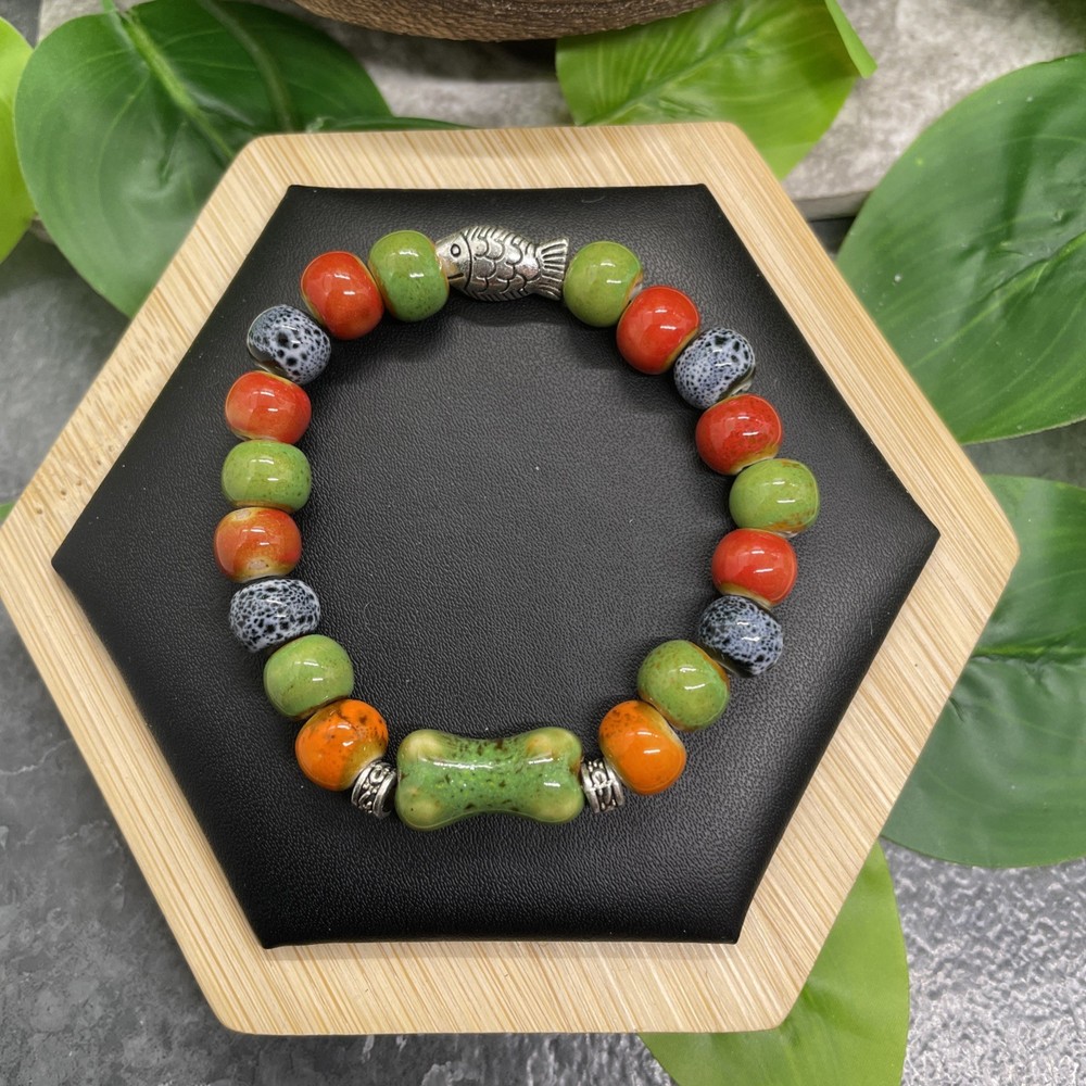 Handmade Ceramic Bead Beaded Stackable 6” Plus Stretch Bracelet New B23
