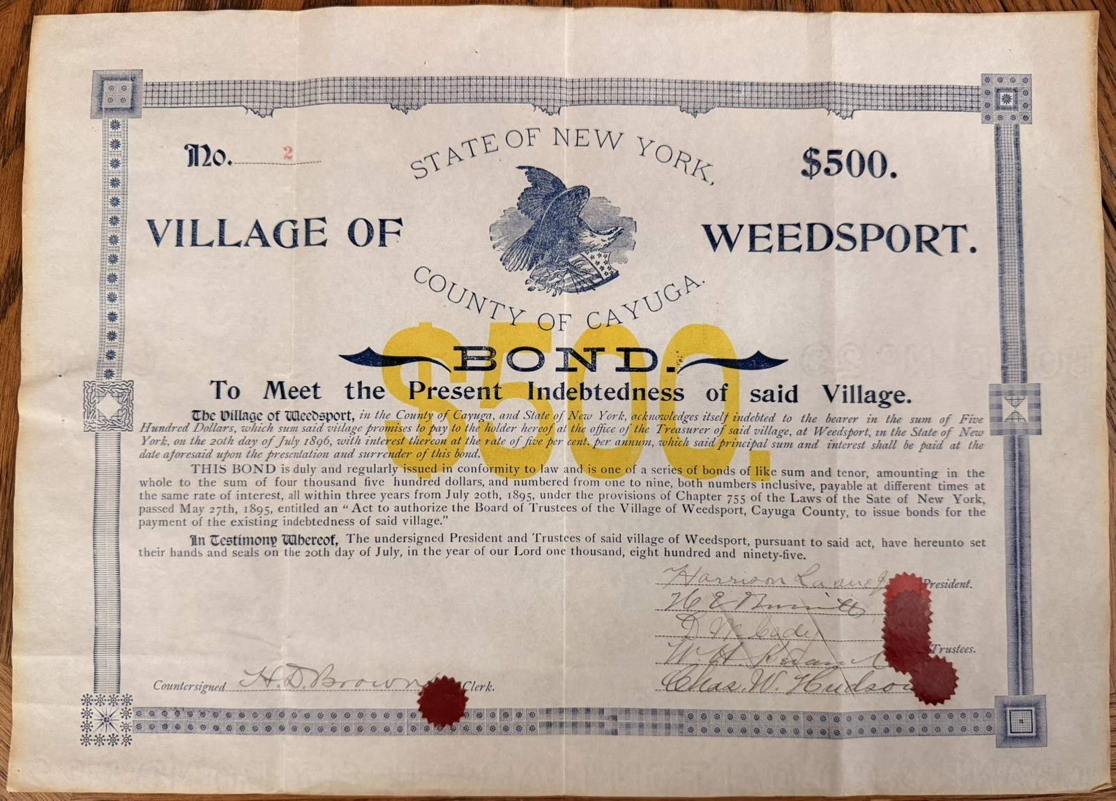 $500 Bond issued in 1896 by The Village of Weedsport, NY - Bond #2 of 9 issued.
