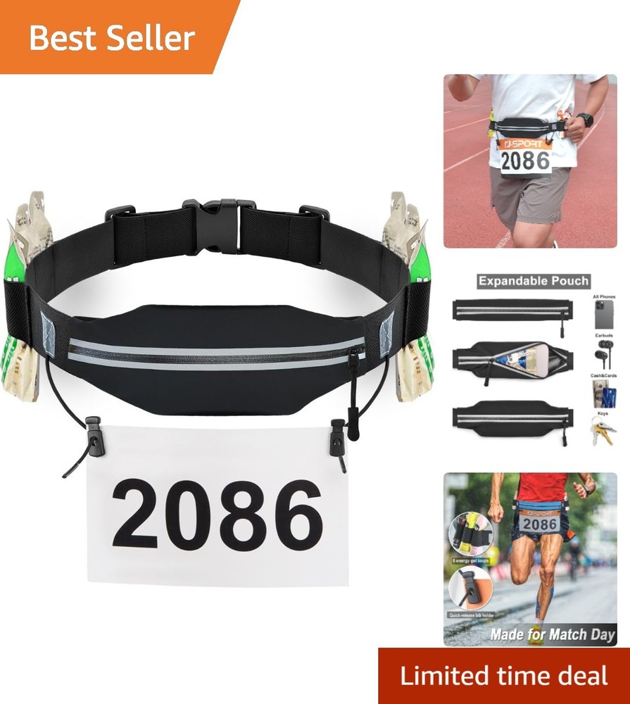Lightweight Adjustable Marathon Belt - Complete with Pouch & Bib Holder Black