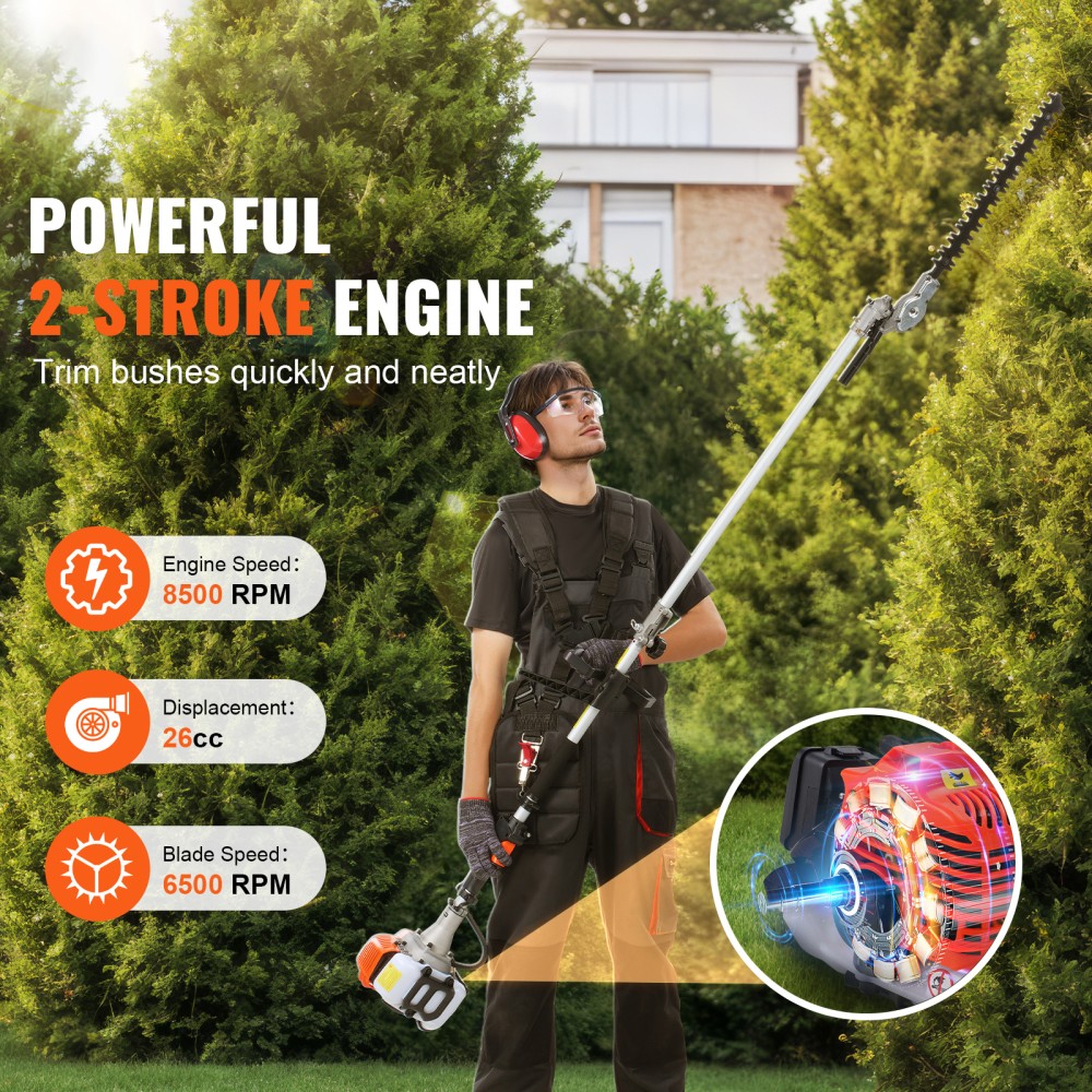 26CC 6-in-1 Gas Multi-Function Pole Hedge Trimmer w/ Extension Pole Gloves