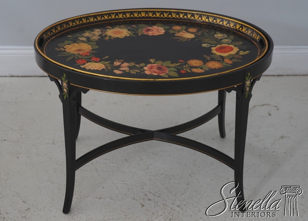 L72113: Vintage Black Lacquer Toleware Tray Top End Table