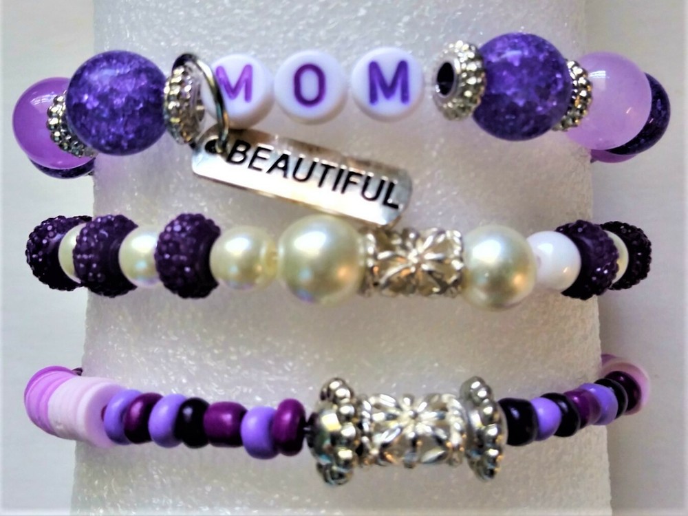 Beautiful Mom Stretchy Bracelet Stack and Key Ring - Purple