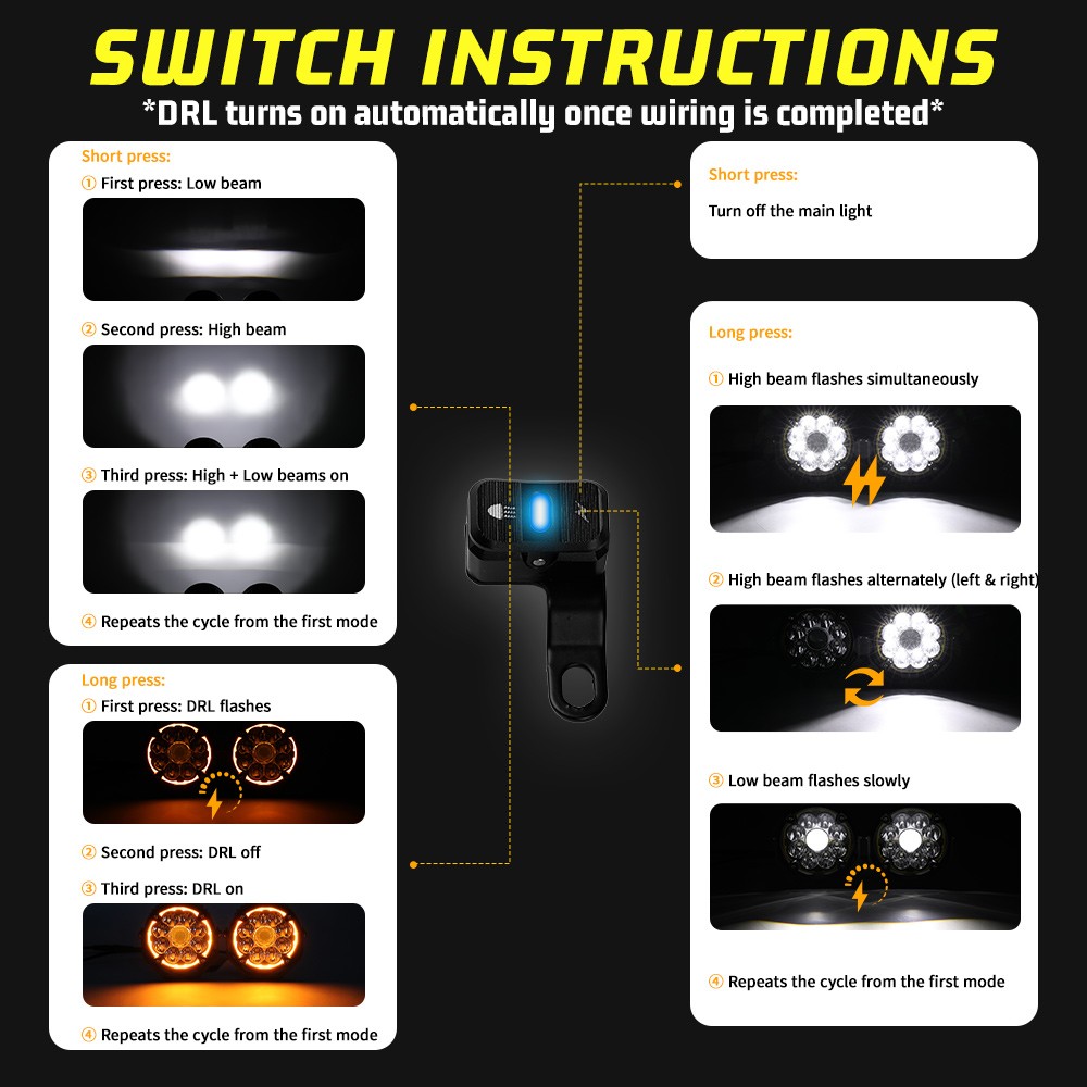 Pair LED Auxiliary Driving Spot Fog Lights Hi/low Beam Motorcycle Adventure Bike