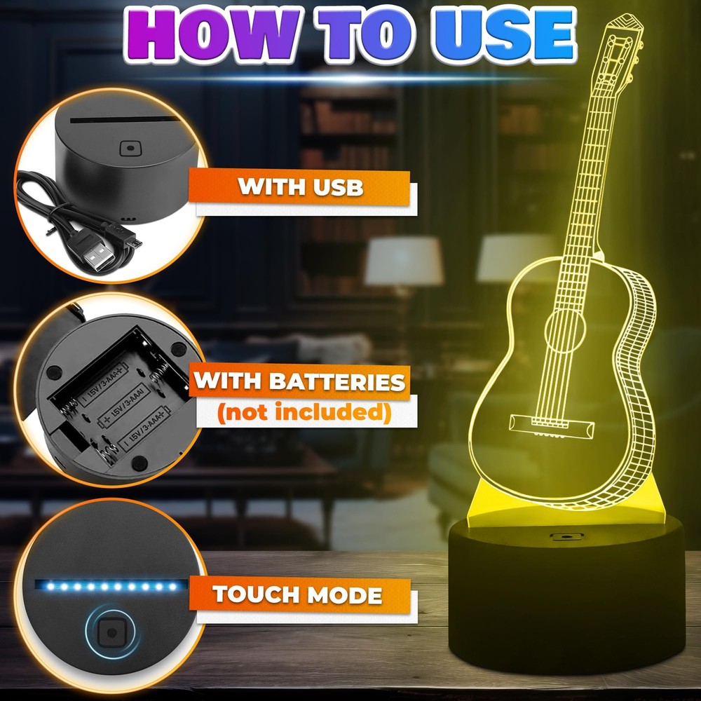 3D Illusion Night Light Lamp - Guitar Decor Small, Multicolor