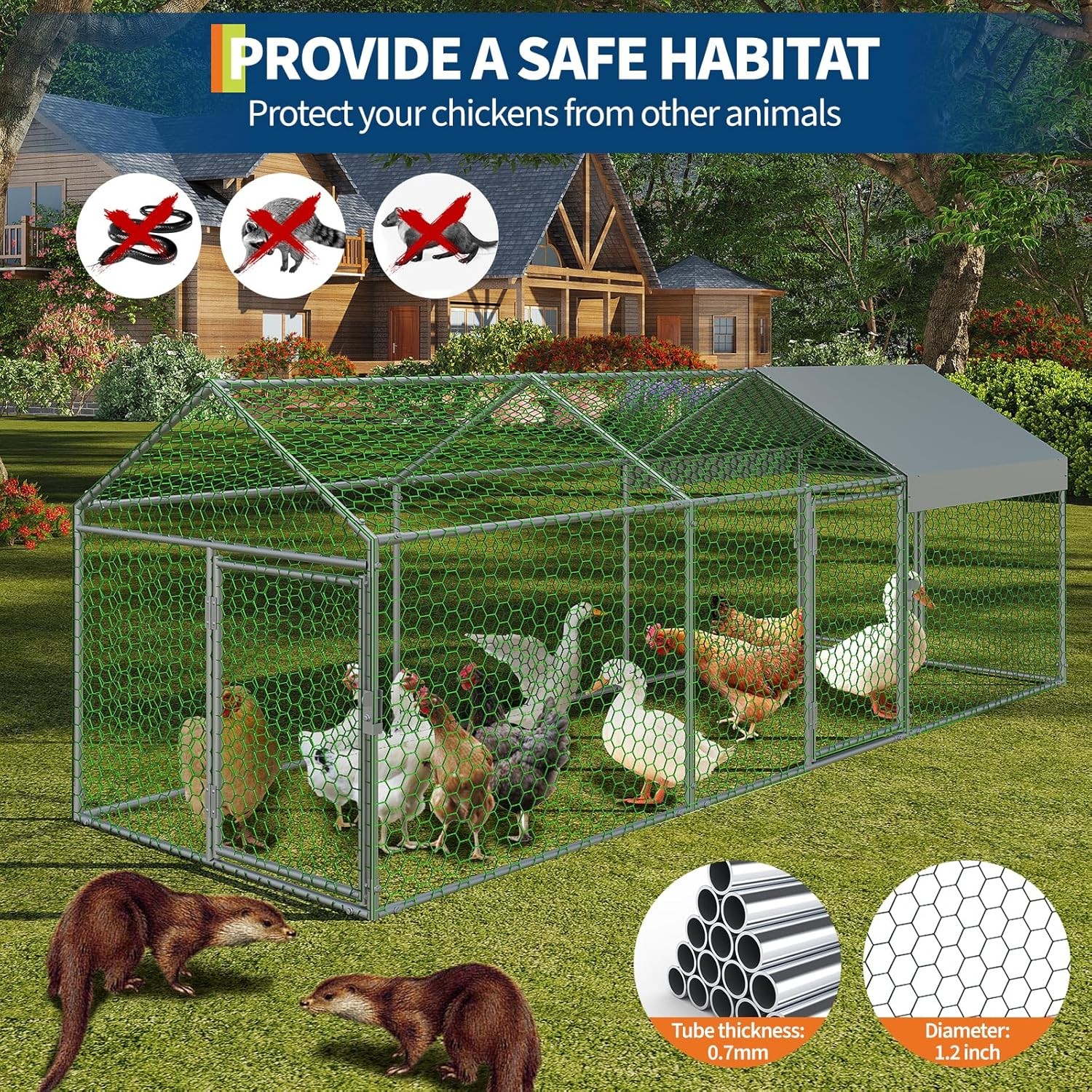 Metal Chicken Coop with Waterproof Cover & 3 Doors, Poultry Cage Outdoor, Silver